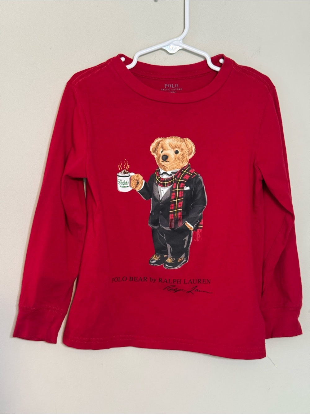 Ralph Lauren Red Long-Sleeve Polo Bear Tee for Kids Sz 4